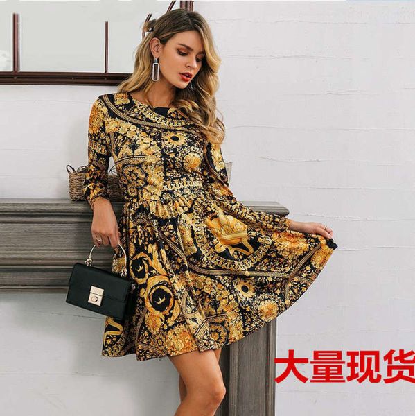 

spring new nightclub style gold 5190#2020 skirt print round neck long sleeve elegant dress, Black;gray