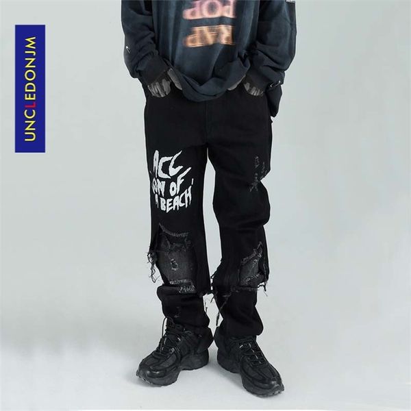 Uncledonjm мужские повседневные граффити черные джинсы мужские тонкие пригонки разорванные джинсы джинсовые штаны винтажные длинные брюки ED-AC18 201223