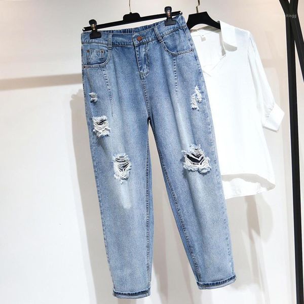 

oversized ripped jeans for women loose stretch denim harem pants female streetwear high waist mom jeans women denim pants q24961, Blue
