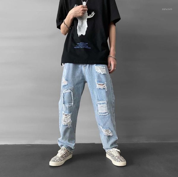 

2020 spring and summer new youth popular men's solid color loose patch jeans fashion casual straight pants blue -3xl1