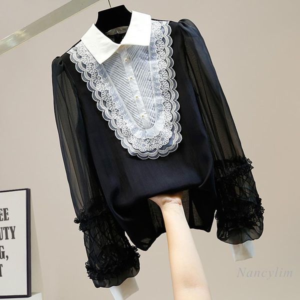 

autumn long sleeve blouse woman retro court style lantern sleeve lace zipper shirt women's fashion all-match elegant blusas top, White