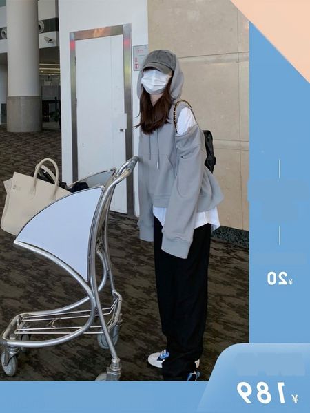 

are u shop gray hooded coat sweater sweater women's loose korean style spring and autumn thin lazy coatshoulder zipper tadxf, Black