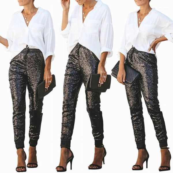 

women' fashion mid-rise faux leather pants woman slim-fit sequins party pencil pants1, Black;white