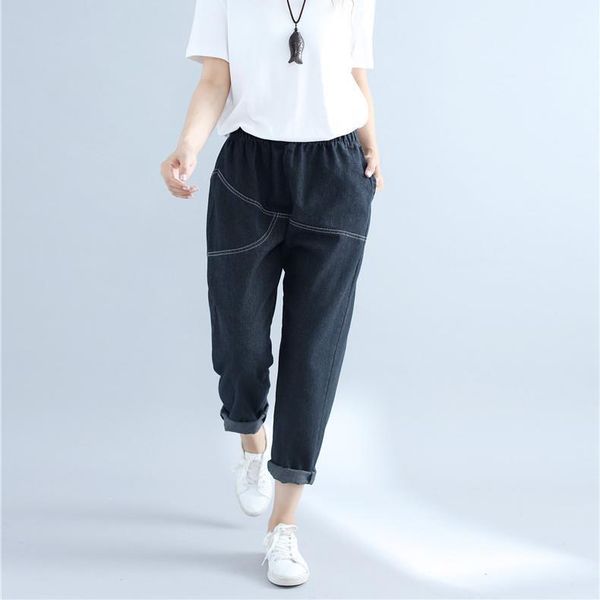 

women high waist loose jeans solid boyfriend casual jeans pockets large big size plus size trousers1, Blue
