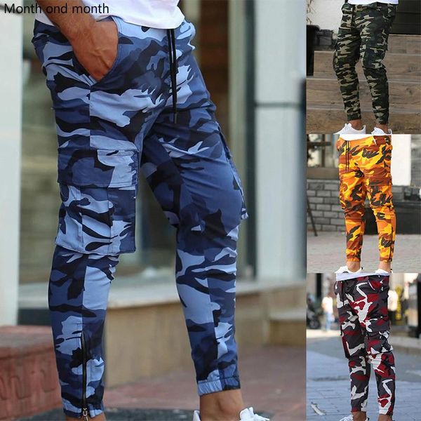 

men's pants mens camouflage tooling gym fitness training trousers jogging pocket fashion casual streetwear track athletics, Black