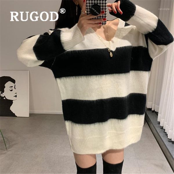 

rugod chic v-neck knitted sweater stripe pullover contrast color jumper winter for women clothes 2019 elegant1, White;black