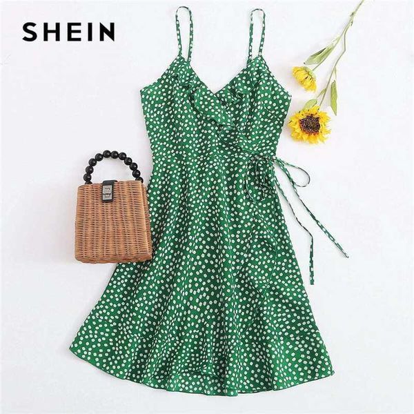 

shein ditsy floral ruffle trim wrap hem sundress women summer spaghetti strap high waist tie knot boho short dresses1, Black;gray
