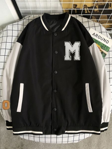 

men letter patched striped trim slant pockets bomber jacket t0ag#, Black;brown