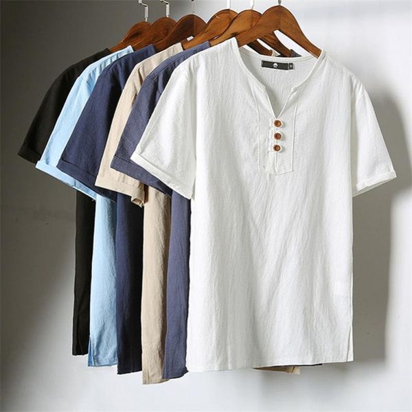 

men's casual shirts big size men clothes short sleeves cotton linen shirt summer retro baggy fashion solid v-neck button plus -7xl1, White;black