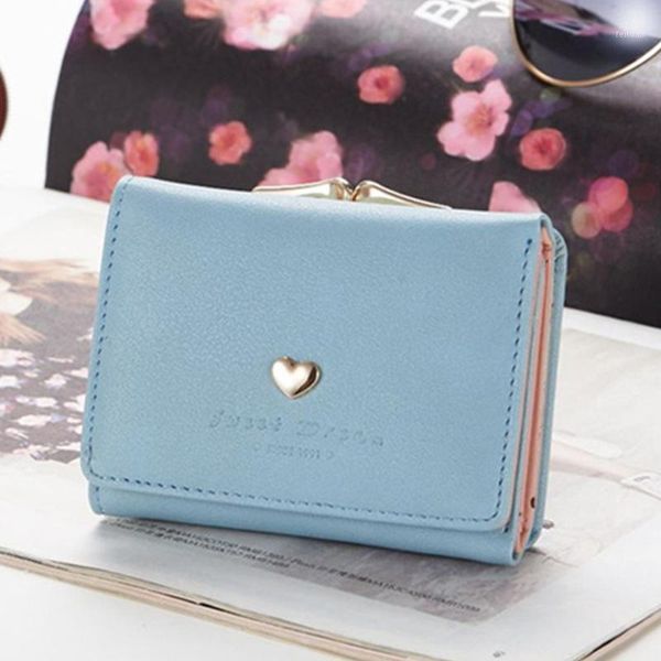 

women tri-fold love heart pu leather card holder mini snap closure clutch purse wallet short small lock gift metal frame1, Red;black