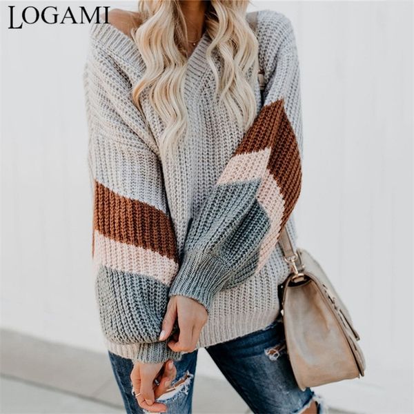

logami v neck striped sleeve knit sweater women loose pullover fall sweaters and pullovers female fashion new 201111, White;black