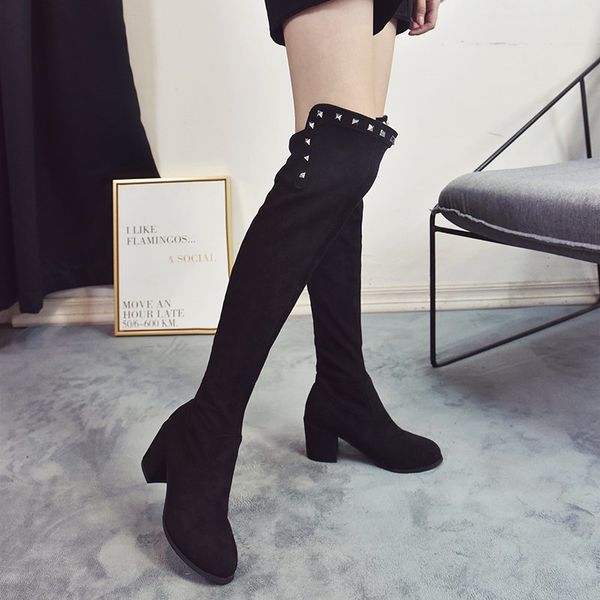

round toe lady boots brand women's shoes boots-women rivets thigh high heels high winter footwear ladies, Black