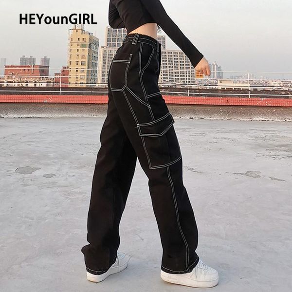 

heyoungirl white thread black cotton jeans women casual loose straight long trousers ladies harajuku punk fashion pants capris, Black;white