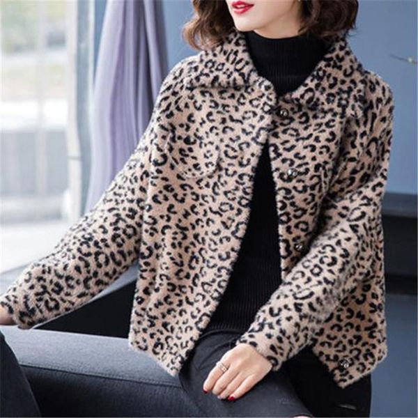 

women coat leopard full sleeve turn-down collar single breasted button new autumn winter warm office lady, Black