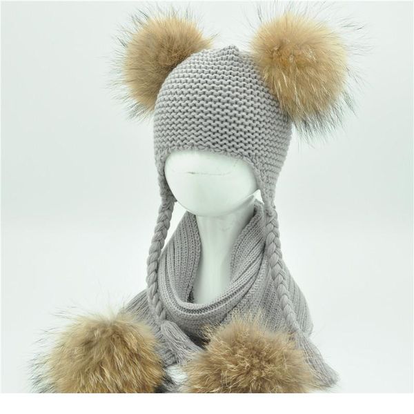 

kids winter hat and scarf set children luxury big fur ball warm crochet beanie set real raccoon fur pom pom qylwjx