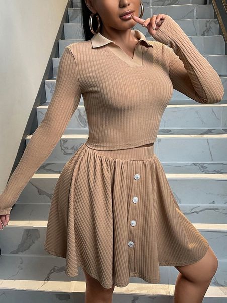 

ribbed knit crop tee & button detail split hem skirt g41a#, White