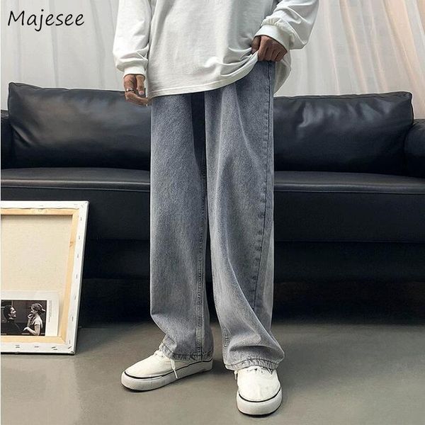 

men's jeans men floor length loose retro solid punk all-match males leisure chic trendy cool denim straight cowboy fashion trousers, Blue