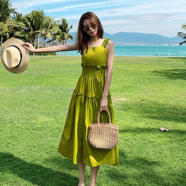 

g2gfp 2020 green new sling holiday fairy temperament avocado summer suspender suspender skirt seaside skirt waist slimming sling dress for w, Black;gray