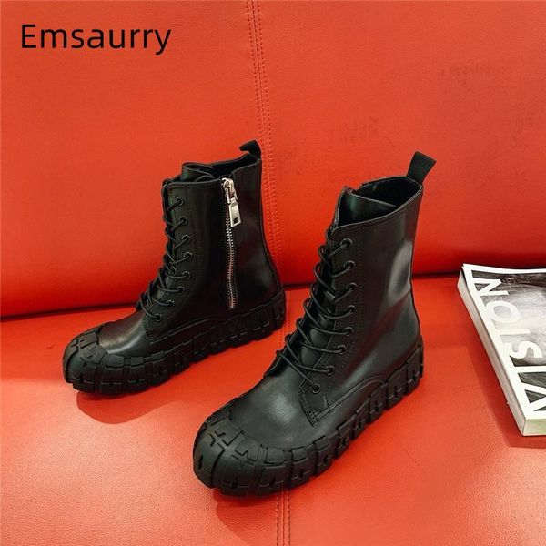

crocodile grain real leather martin boots women round toe cross-tied side zip gear-shape autumn winter boots woman, Black