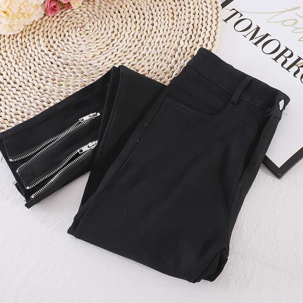 

2020 autumn new zipper feet pants nine-point pants leggings net celebrity slim korean style high waist black women1, Black;white