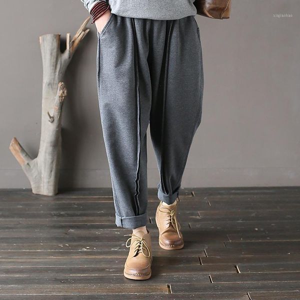 

johnature women knitted cotton pants 2020 spring new elastic waist trouser casual pockets women brief vintage harem pants1, Black;white