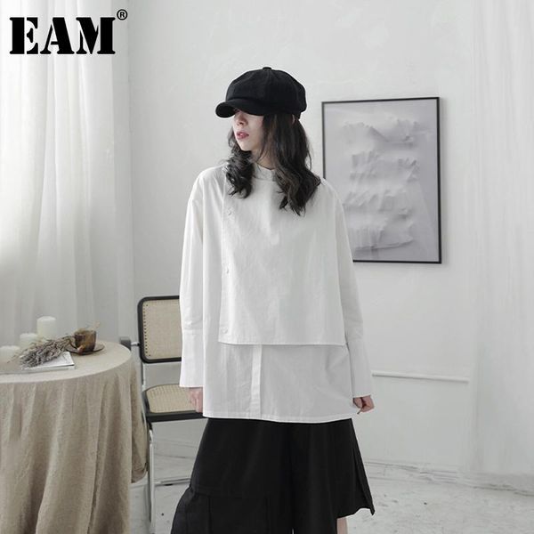 

eam] women white irregular back vent big size blouse new stand collar long sleeve loose shirt fashion spring autumn 2020 1db387