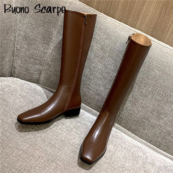 

zipper genuine leather long boots women winter boots square toe shoes for women knee high boots casual botas mujer autumn shoes, Black