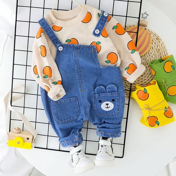 

cute kid baby clothes casual t-shirt + bib denim overalls jeans clothes for boy girl clothing set children clothes 1 2 3 4 year y200325, White