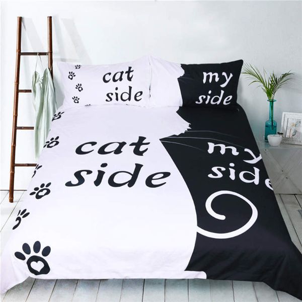 Novo preto branco estilo colcha conjunto criativo cão / gato lado com meu lado capa de edredão pillowcase casal conjunto de cama lj201015