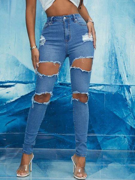 

sxy zipper fly ripped detail jeans r2mv#, Blue