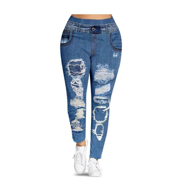 

women's leggings wipalo women plus size mid waist 3d print ripped denim elastic skinny casual workout pencil pants xxxxl, Black