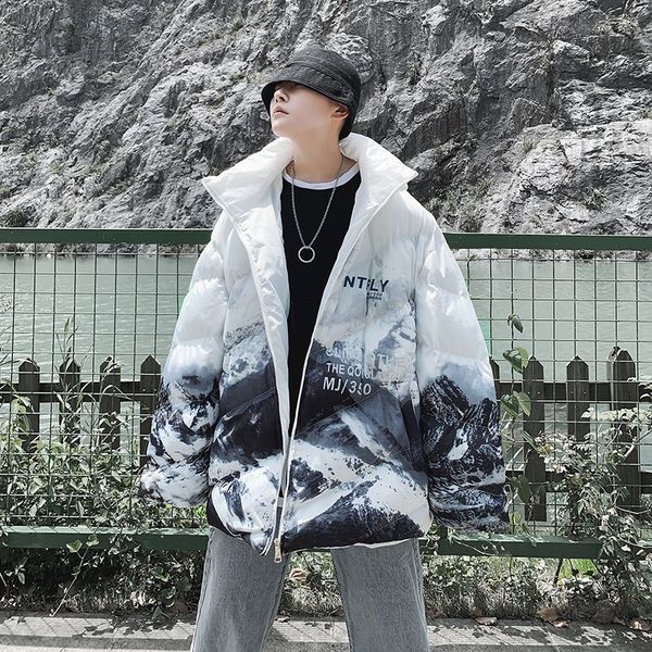 

mens winter coats fashion mens jacket snow printing hooded zipper windbreaker casual loose men winter jacket 2 colors size m-3xl, Black