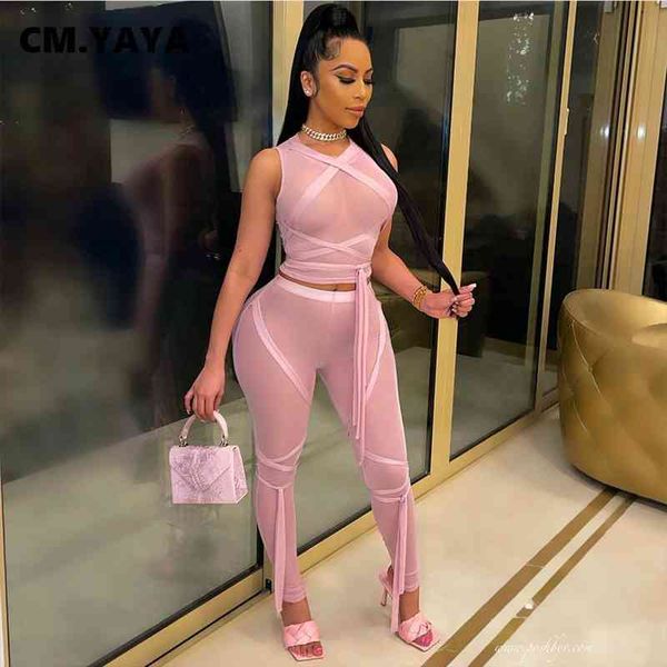 

women set solid mesh see-through sleeveless sheath elastic full length pants 2 piece sets tracksuit outfits, White