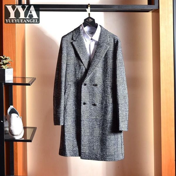 

business casual double breasted long suit jacket winter mens wool coat british style vintage men lattice woolen blends overcoat1, Black