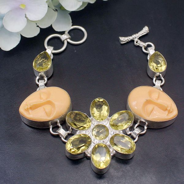 

hermosa elegant natural carve face bones yellowcitrine chain links bracelets for women 7.75 inch a580, Black