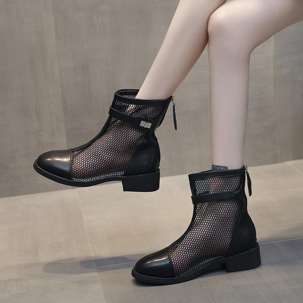 

rimocy fashion round toe platform summer ankle boots for women breathable mesh casual shoes woman zipper thick heels sandals, Black