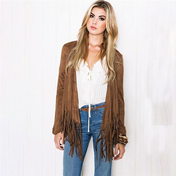 

women bohemian long sleeve cardigan jacket brown suede tassels coat female autumn winter coats outerwear1, Black;brown