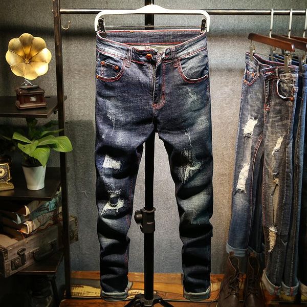 

men jeans loose stretch pleated hole bleached casual solid men denim jeans distressed washed floral 2021 male, Blue