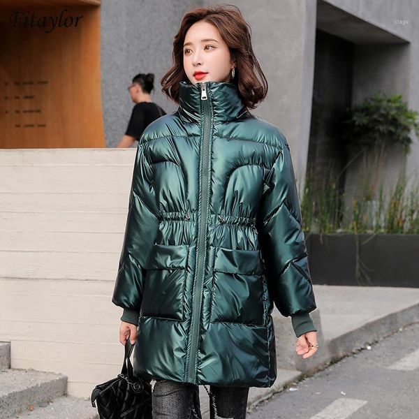 

fitaylor 2020 winter jacket stand collar medium long windproof slim bright color parka thick warm snow coat silver outwear1, Black