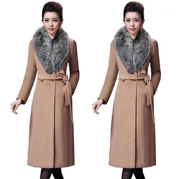 

casaco feminino 2020 women plus size woolen coat big fur winter elegant belt wool coat long female robe outerwear manteau femme1, Black