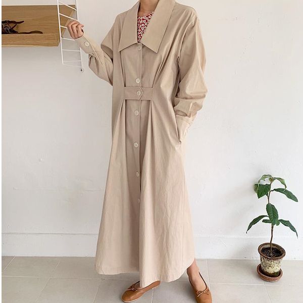 

[ewq] korea thin long trench coat outwear loose ladies khaki shirt windbreaker autumn minimalist chic casual women qk56412 201031, Tan;black
