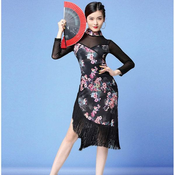 

stage wear the women net yarn tassels cheongsam uniforms show latin dance dress tango cha samba practice performance costume, Black;red
