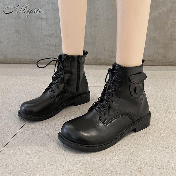 

2020 winter women's boots fashion lace-up low boots comfortable round toe low heel side zipper pu women ankle botas mujer, Black
