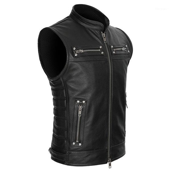 

real leather biker vest mens stand collar zipper pockets motorcycle vest jackets waistcoat genuine cow leather black slim1