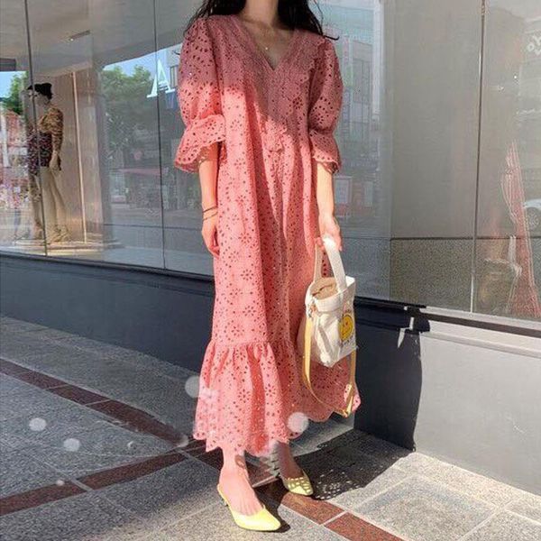 

lanmrem korea styles v-neck flare sleeves lace hollow out pullover ruffles long dress female sweet girl's vestido wm54911, Black;gray