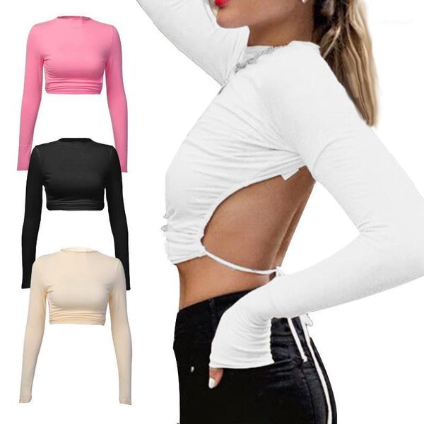 

women's polos women harajuku open back t-shirt long sleeve cropped summer casual fashion 1, White