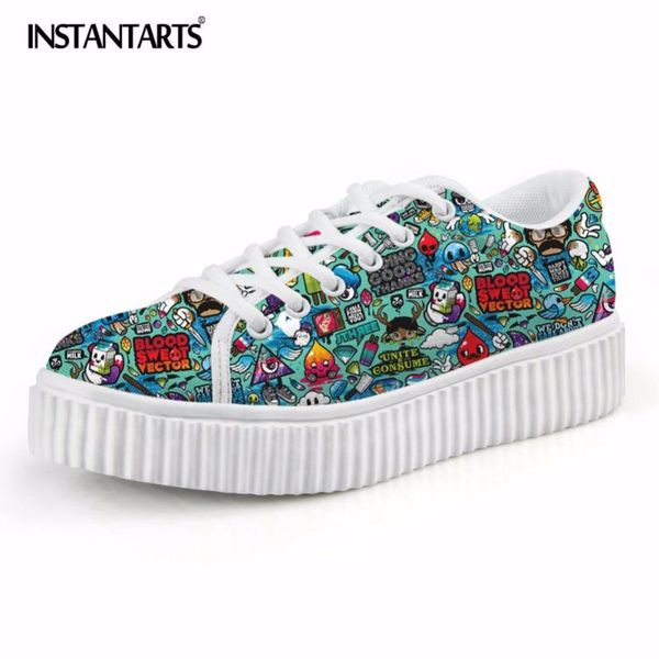 

instantarts cute cartoon printing women flat platform shoes comfortable lace up flats for students girls stylish female shoes, Black