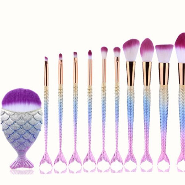 

11pcs pro mermaid makeup brushes foundation eyebrow eyeliner blush powder cosmetic concealer fish tail professional makeup brushes set