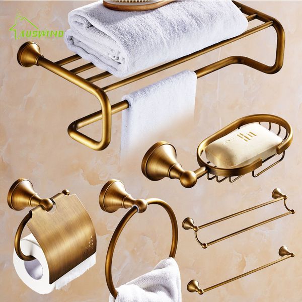 Bronze Bronze Antique Banheiro Conjunto de Hardware Lustrado Acessórios Pincel Toilet Titular Papel Gancho Escovado Banheiro Hardware Set LJ201211