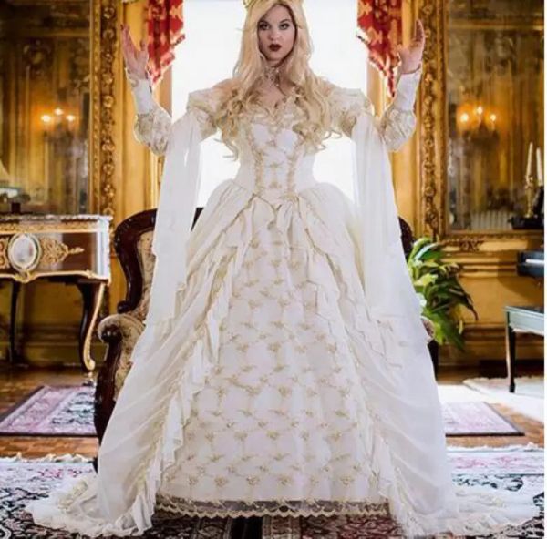 

vintage medieval victorian wedding dresses gothic ball gown 2022 ivory and gold lace long sleeve lace-up corset masquerade dress plus size b, White